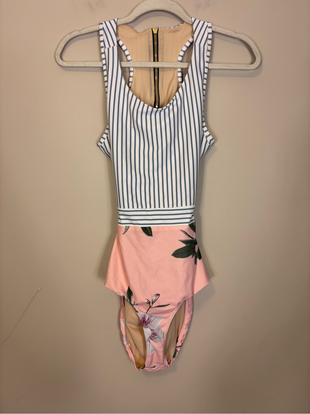 Albion Blue-White Striped and Pink Floral One-Piece Swimsuit Large